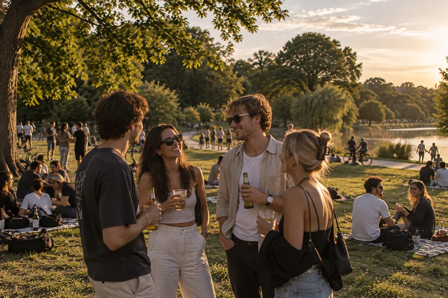 Four friends chatting beside the water in late-afternoon light