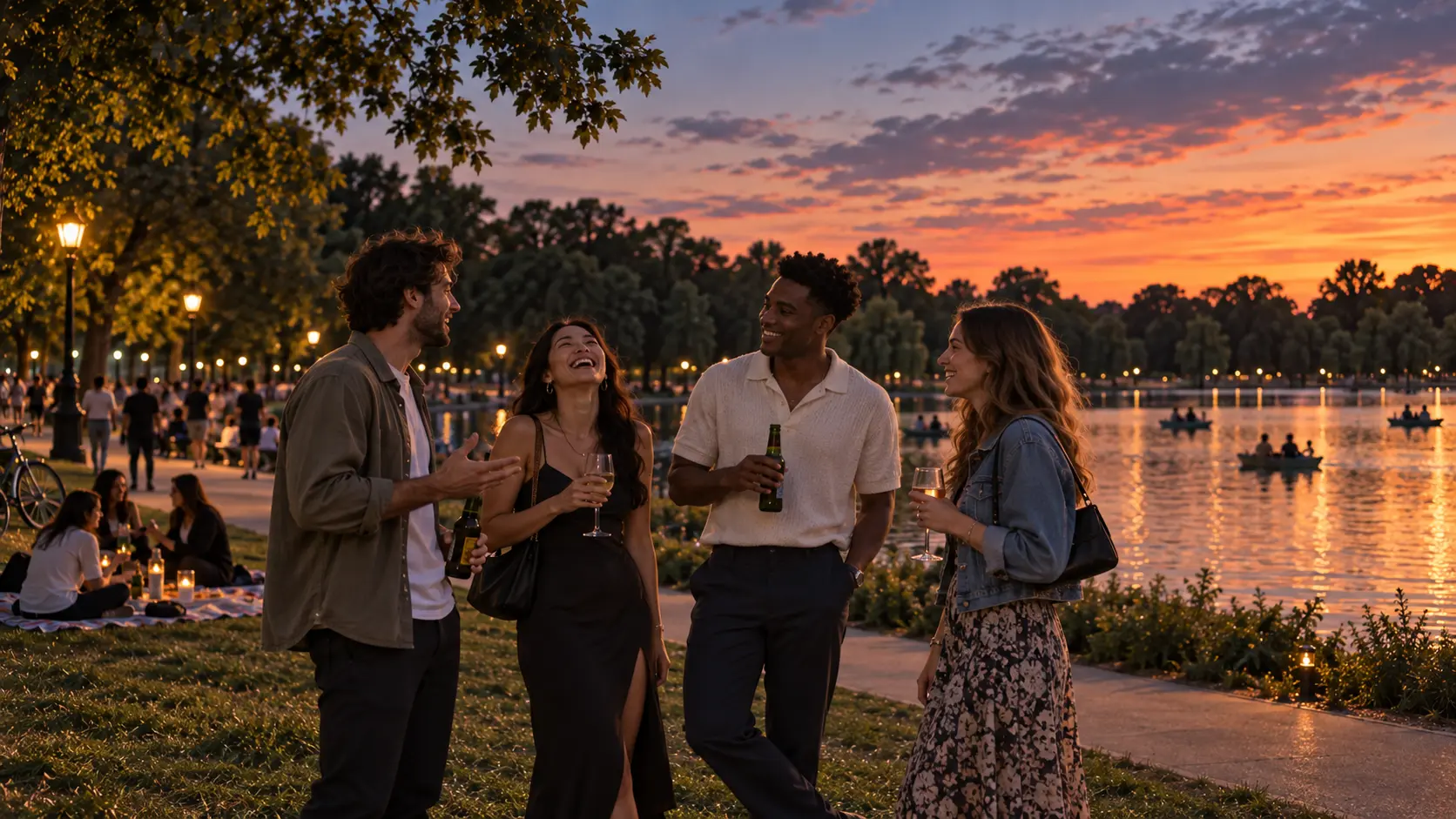 Friends laughing beside the water beneath a vivid evening sky