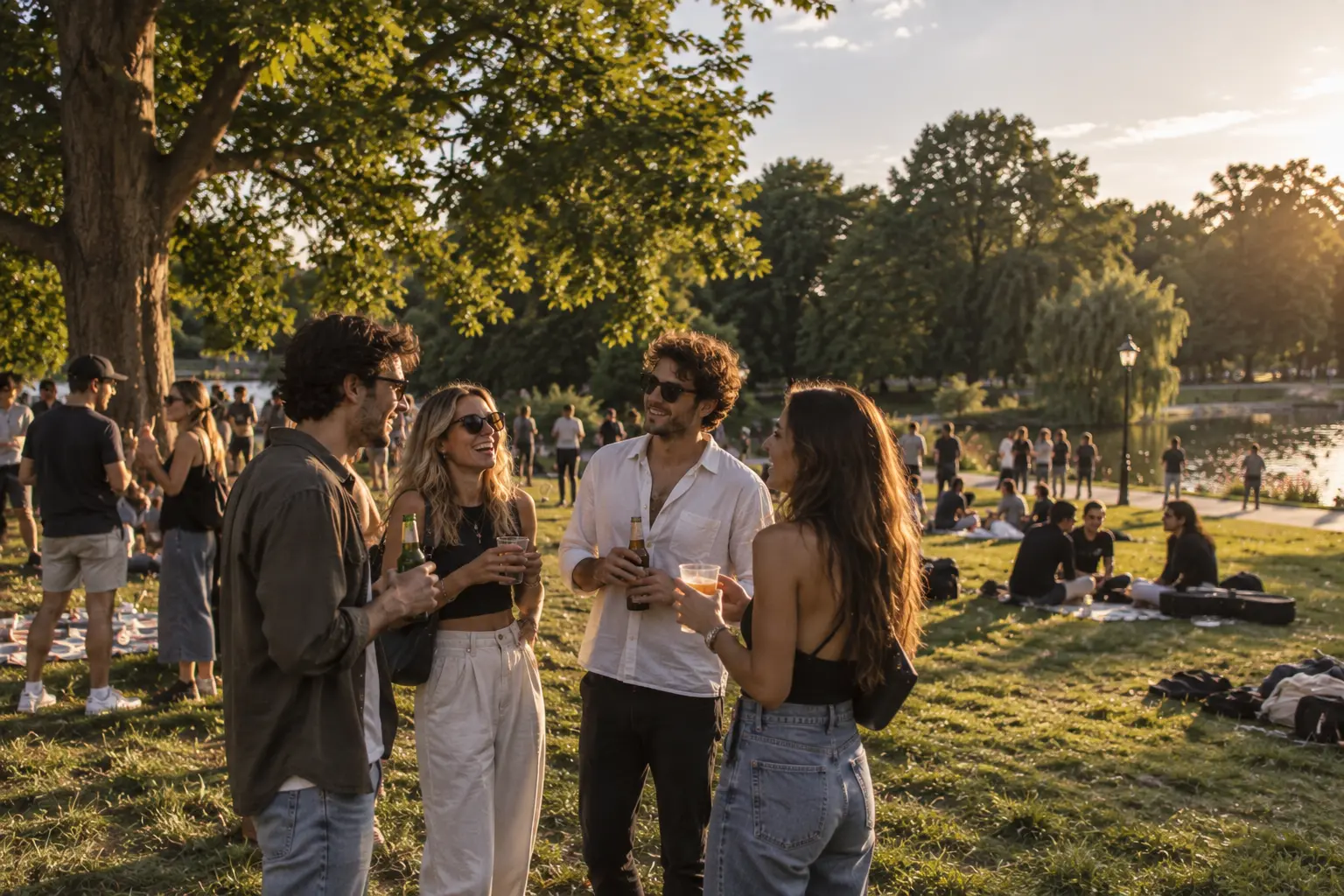 Four friends talking together on the grass beside the Serpentine