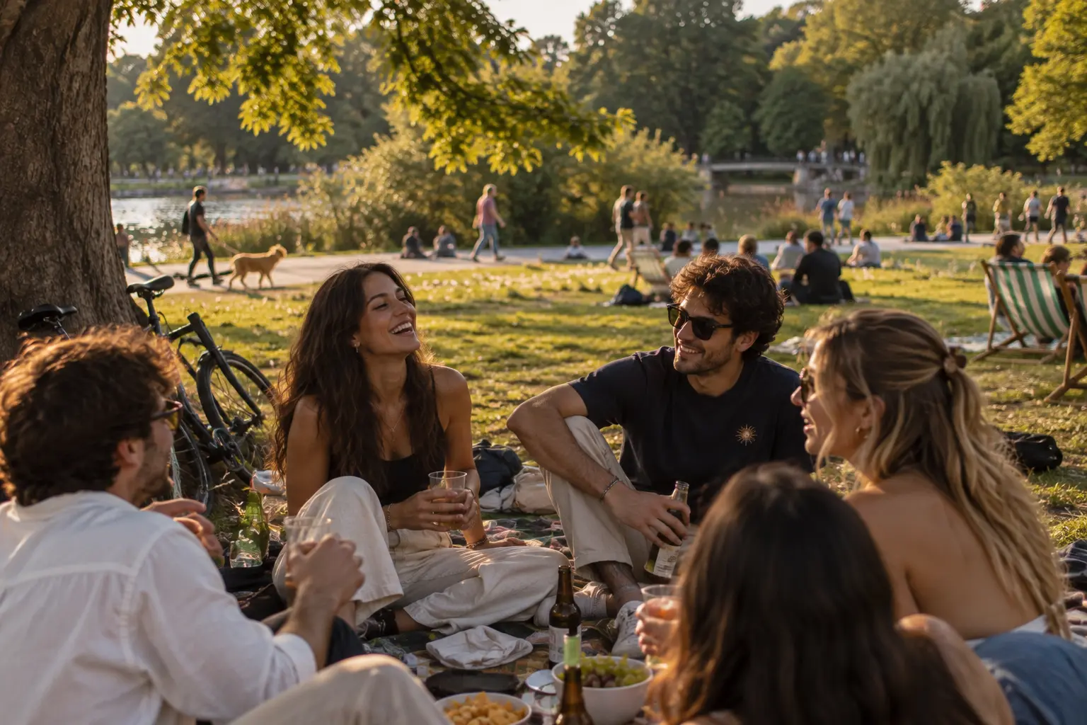 Friends sharing drinks and conversation on a picnic blanket
