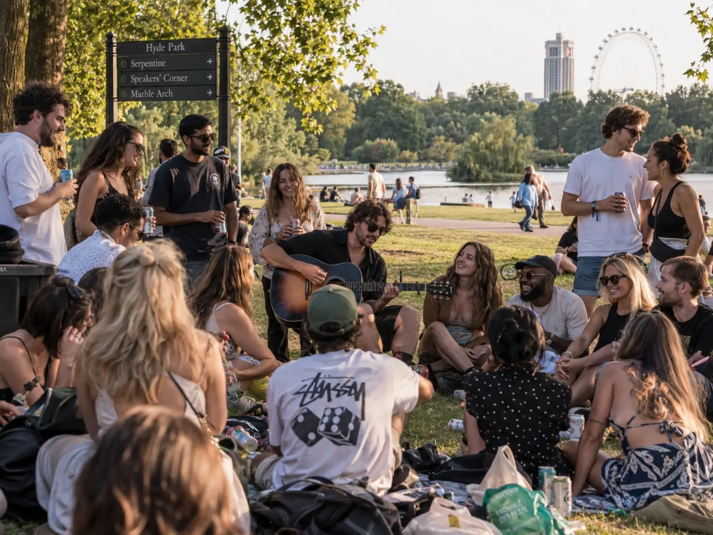 A large circle of friends listening to an acoustic guitar in Hyde Park