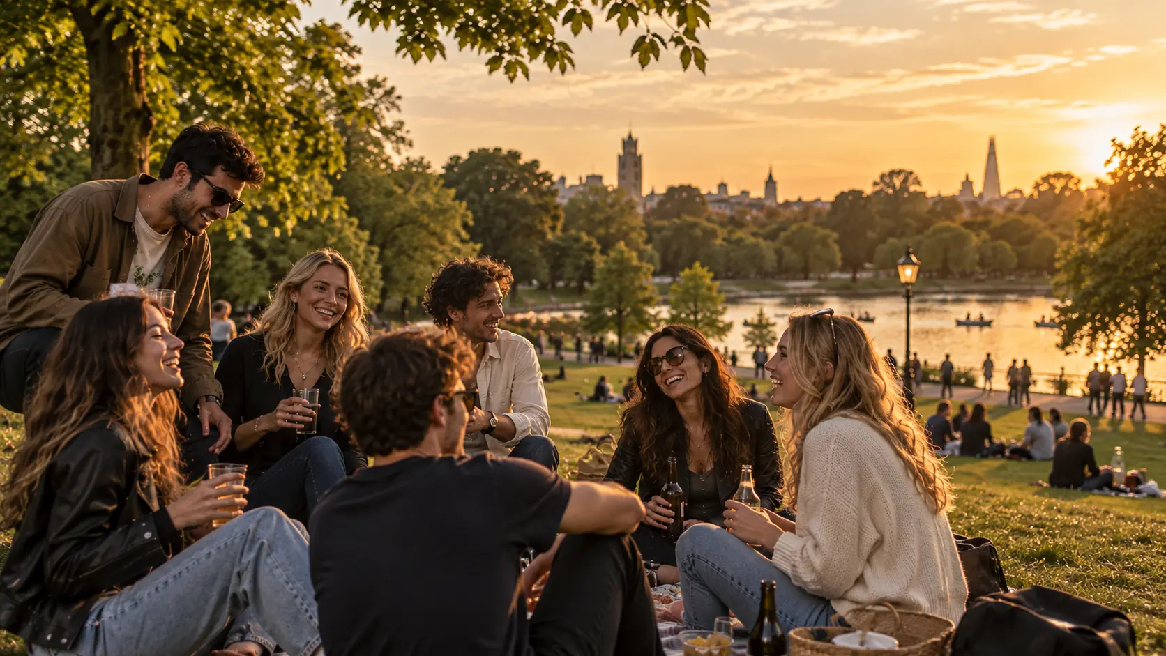 Friends sitting together on the grass at golden hour