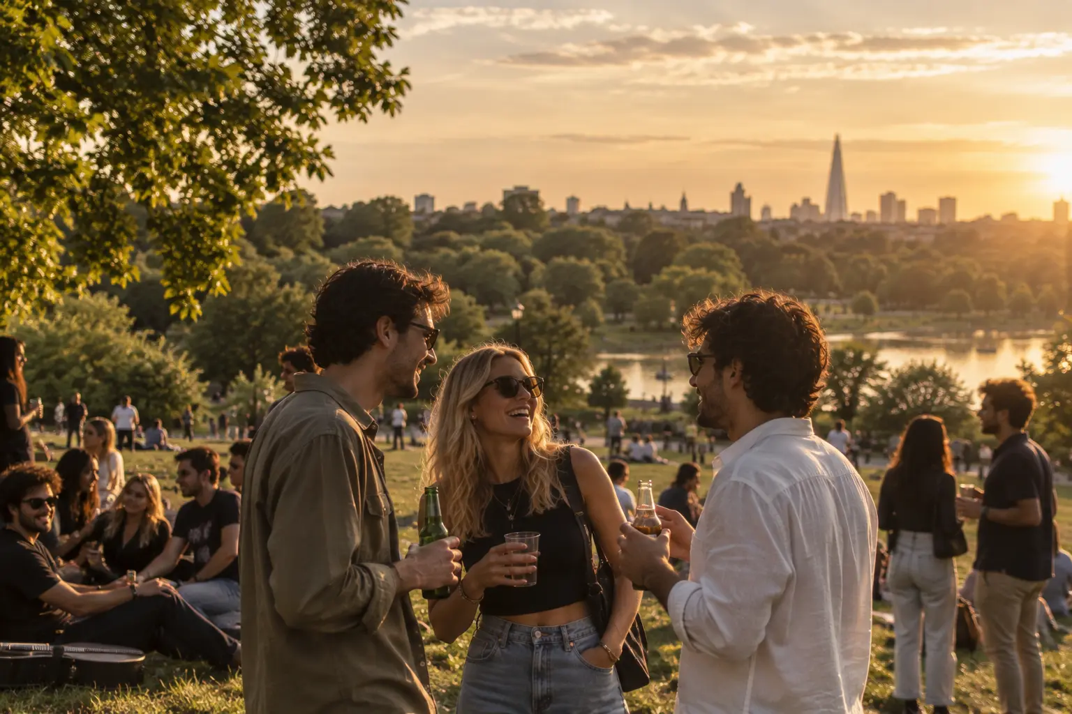 Friends talking on the grass with the London skyline behind them