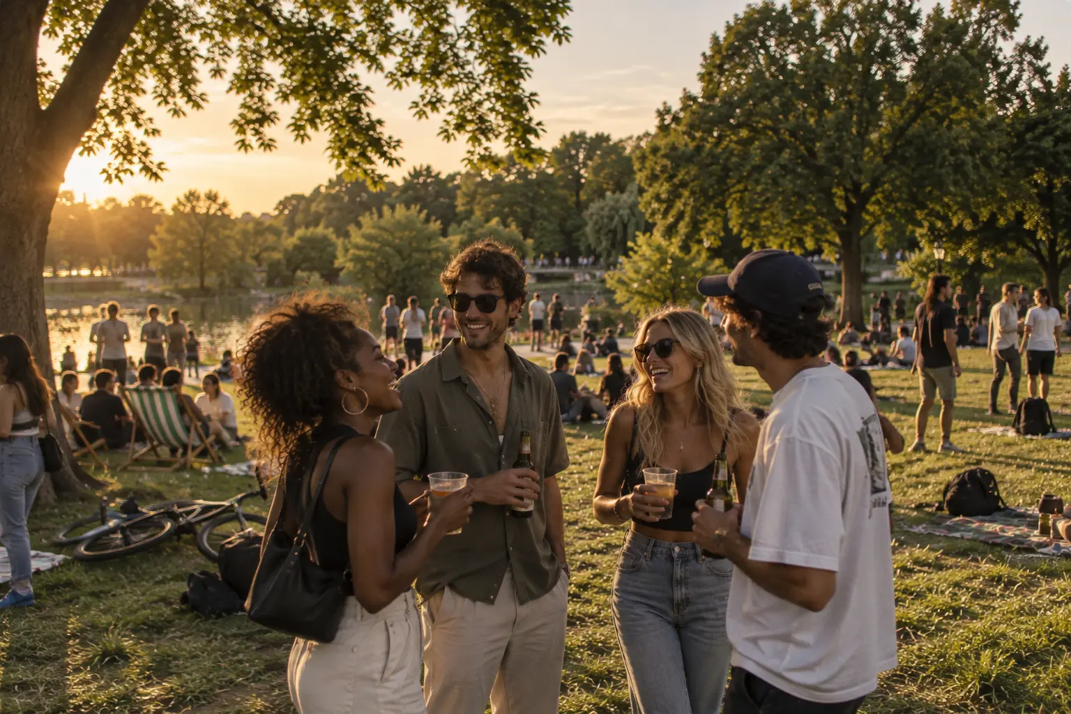 Four friends sharing drinks in the late-afternoon sun
