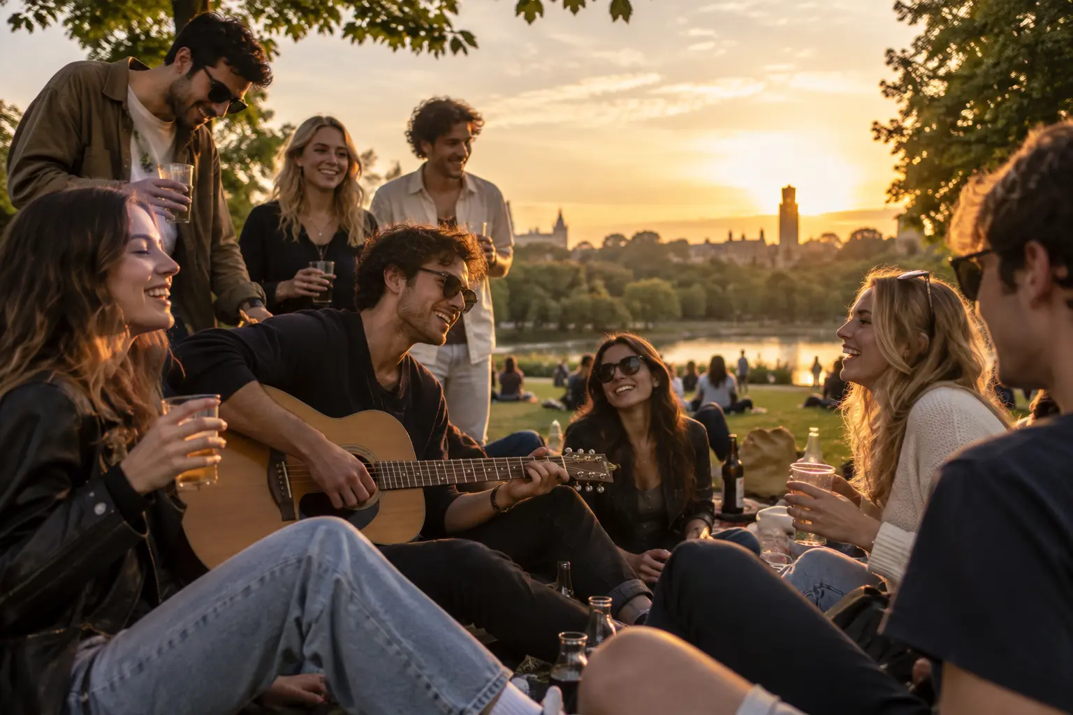 A guitarist playing while friends gather closely around