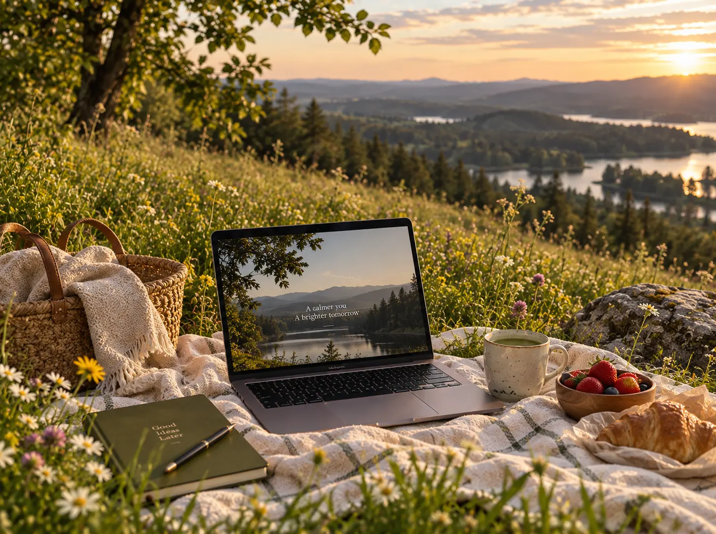 A picnic basket, blanket, fruit and drinks in warm evening light
