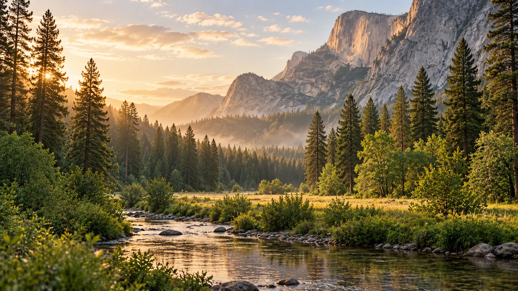 A sunlit landscape of trees, water and open grass
