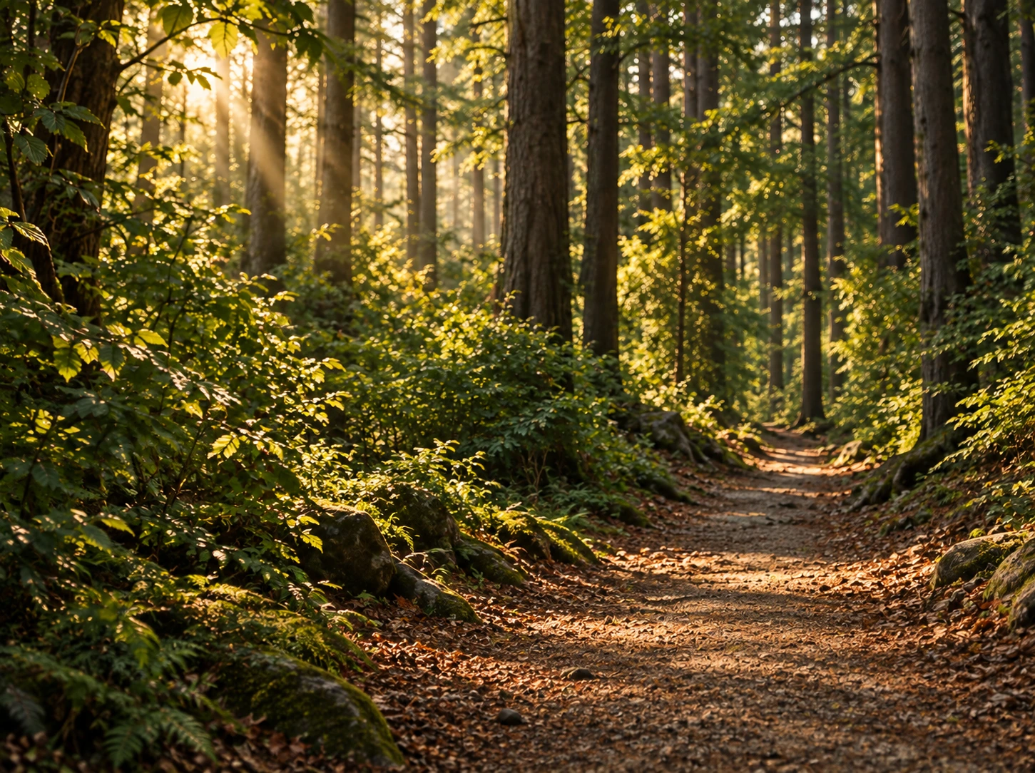 A quiet woodland path lit by late-afternoon sun