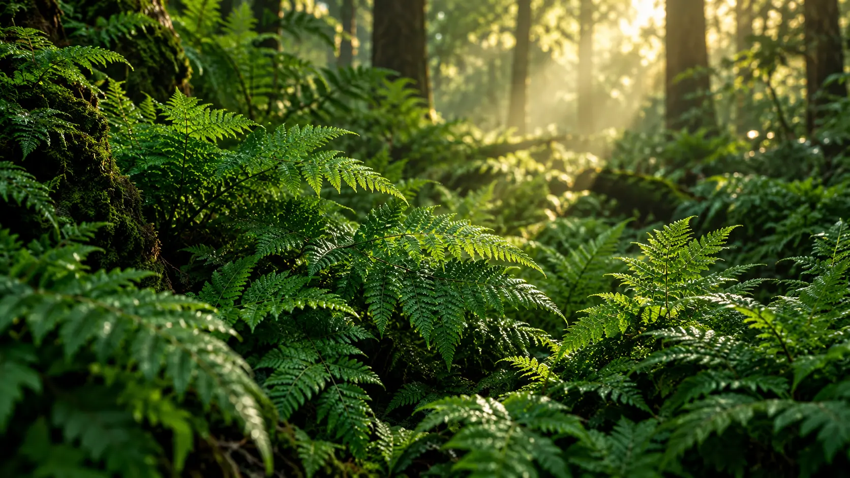 Sunlight falling across ferns beneath a green tree canopy